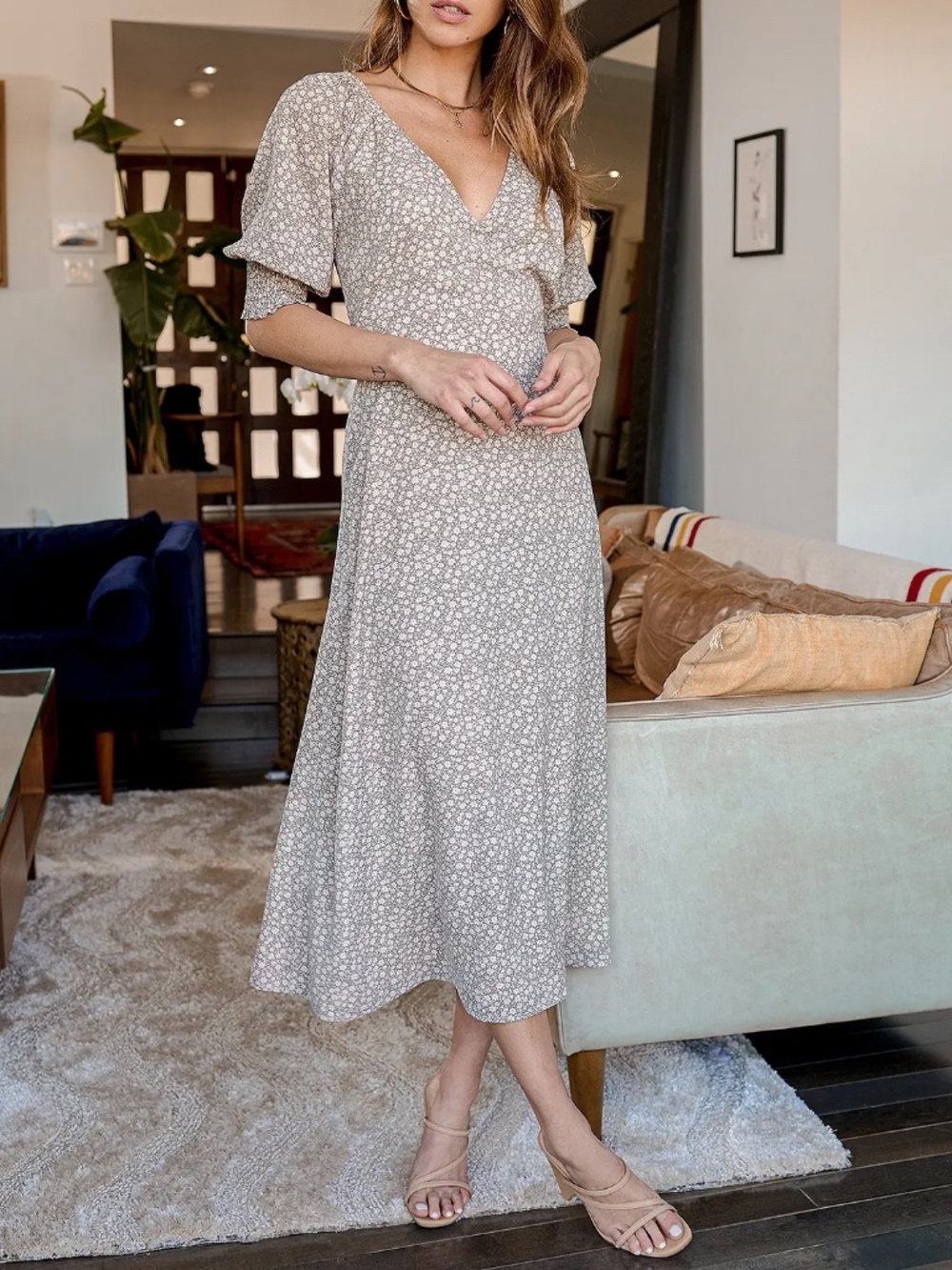 Lulus x Lush Times With You Sage Green Floral Puff Sleeve Midi Dress NWT